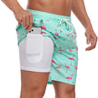 Men's FJØRNA swim shorts with vibrant multi-print designs and built-in compression liner for comfortable swimming and beach wear.