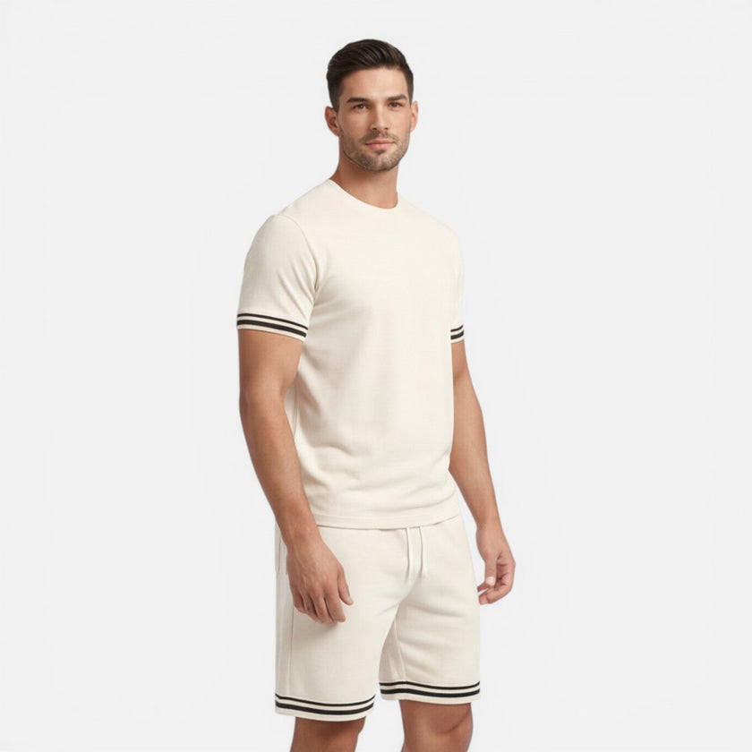 FJØRNA men's summer set featuring breathable casual shorts and matching top, ideal for comfortable warm-weather wear.
