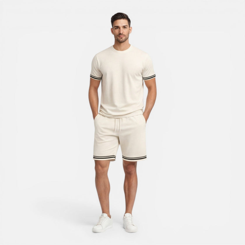 Men's summer set by FJØRNA featuring breathable casual shorts and matching shirt, ideal for comfortable warm-weather wear.