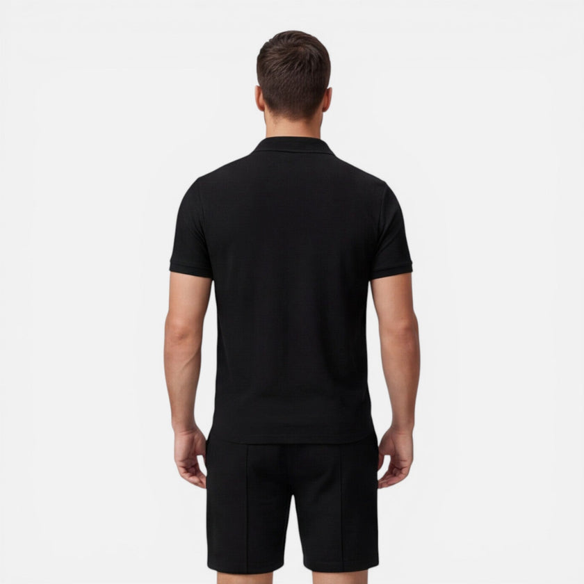 Men's summer polo shirt and shorts set by FJØRNA, slim fit casual men's clothing for warm weather.