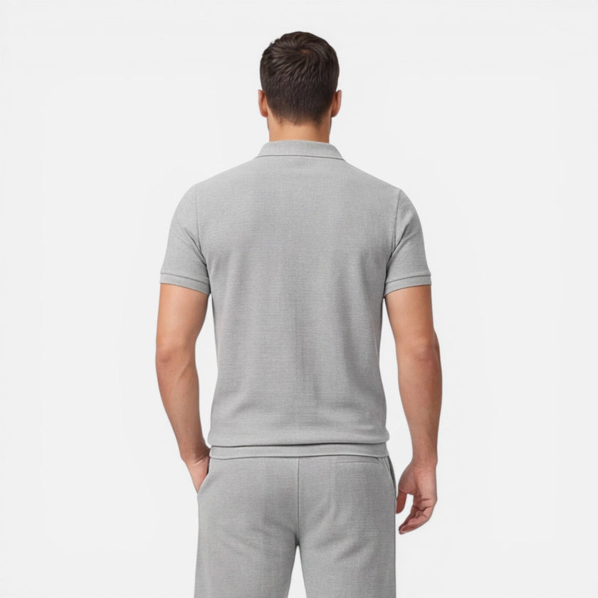 FJØRNA men's summer polo shirt and shorts set, slim fit, casual athletic style for warm weather.