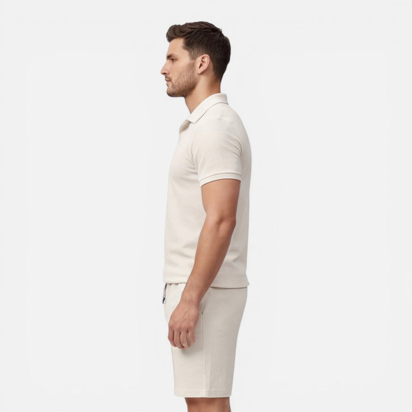 Men's summer slim fit polo shirt and shorts set by FJØRNA, casual men's set perfect for warm weather.