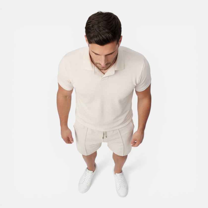 Men's summer slim fit polo shirt and shorts set by FJØRNA, casual men's outfit with a stylish polo and comfortable shorts.