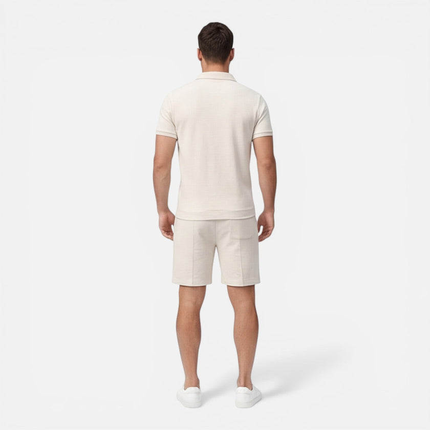 Men's summer slim fit polo shirt and shorts set by FJØRNA, casual men's set perfect for warm weather and outdoor activities.