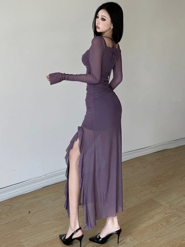 FJØRNA mesh split midi dress featuring a stylish high slit and lightweight fabric, perfect for elegant evening wear.