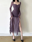 FJØRNA mesh split midi dress featuring a stylish high slit and lightweight fabric, ideal for elegant, contemporary fashion.