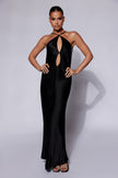 FJØRNA Studio | Black Satin Cut-Out Halter Gown with Open Back