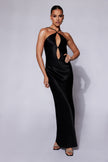 FJØRNA Studio | Black Satin Cut-Out Halter Gown with Open Back