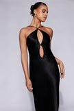 FJØRNA Studio | Black Satin Cut-Out Halter Gown with Open Back