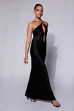 FJØRNA Studio | Black Satin Cut-Out Halter Gown with Open Back