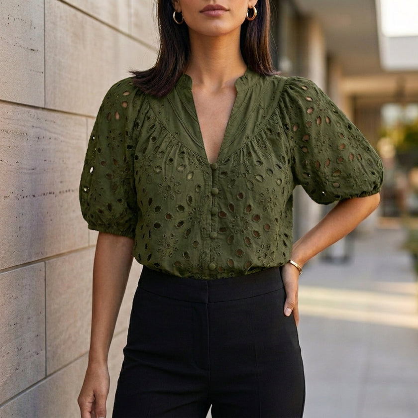 Military green V-neck linen summer blouse for women with button-front detail, casual style by FJØRNA.