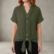 Military green V-neck denim blouse for women with ruffle details, casual summer top by FJØRNA.