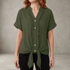 Military green V-neck denim blouse for women with ruffle details, casual summer top by FJØRNA.