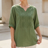 FJØRNA women's summer floral V-neck linen blouse in military green, flowy and lightweight for warm weather.