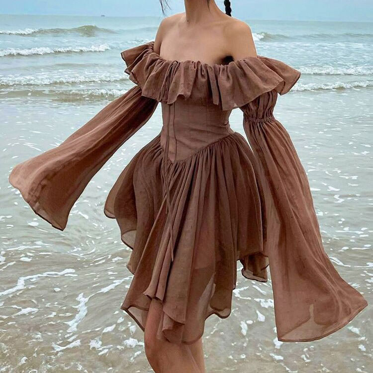 Mocha brown FJØRNA mini dress with a stylish streetwear Y2K design, perfect for casual and trendy outfits.