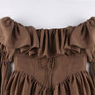 Mocha brown FJØRNA mini dress with a fitted silhouette, featuring stylish streetwear and Y2K-inspired design.