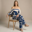 FJØRNA elegant two-piece women's print wide-leg co-ord set worn by a model, featuring a stylish matching top and pants.