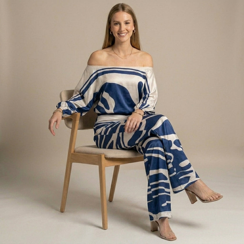 FJØRNA elegant two-piece women's print wide-leg co-ord set worn by a model, featuring a stylish matching top and pants.