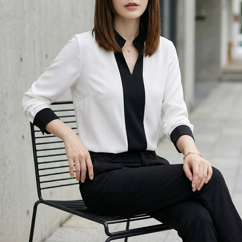 FJØRNA women's summer blouse with V-neck, long chiffon sleeves, worn by model, stylish and lightweight for warm weather.