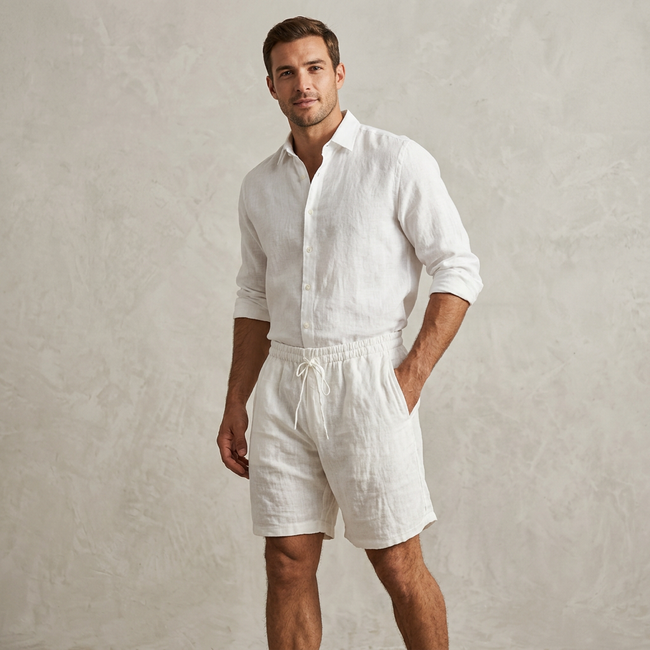 Model wearing men's casual drawstring shorts with side pockets by FJØRNA, showcasing comfortable men's pants for everyday wear.