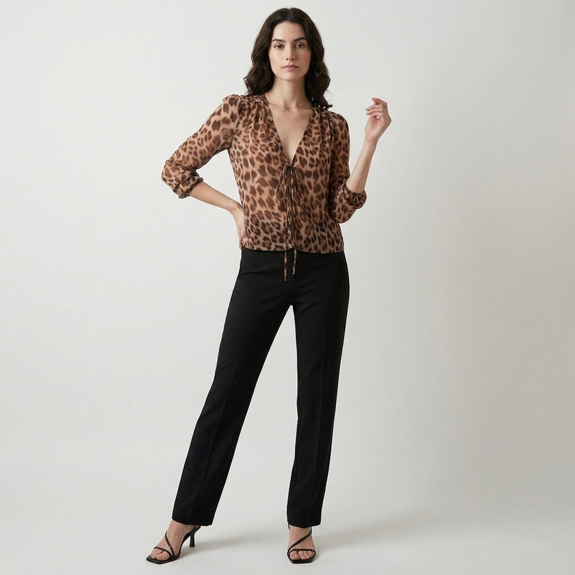 FJØRNA women's summer V-neck long sleeve denim blouse worn by a model, stylish and casual top for warm weather.