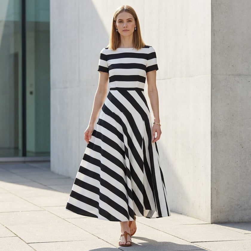Model wearing FJØRNA A-line striped maxi dress with pockets, featuring a flattering fit and casual style for women.