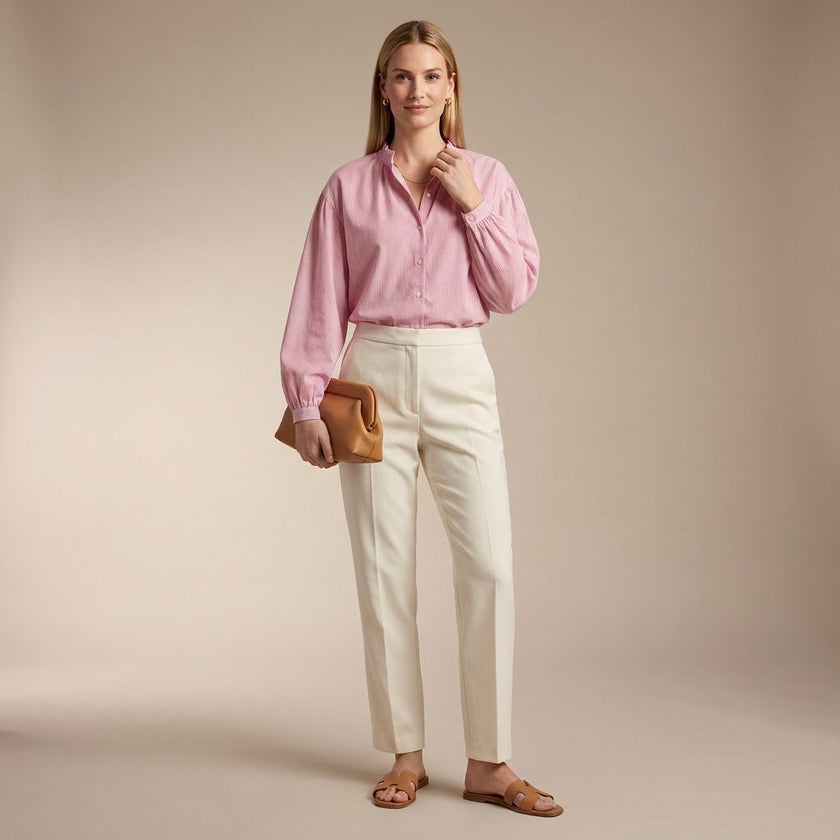 FJØRNA women's summer blouse with striped cotton fabric, worn by a model, stylish and lightweight top for warm weather.