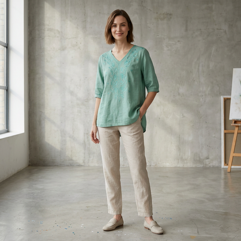 FJØRNA women's summer floral V-neck linen blouse with slit, worn by a model, perfect for warm-weather casual wear.