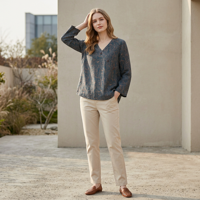 FJØRNA women's summer blouse with a V-neck and slit, featuring lightweight linen fabric and a relaxed fit on a model.