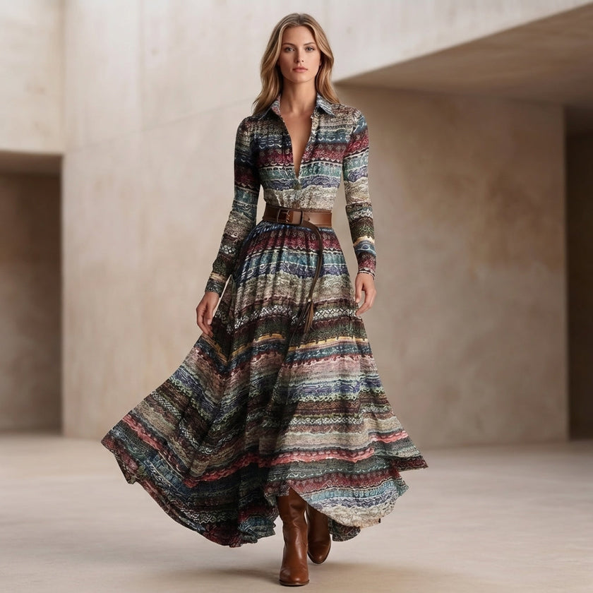 FJØRNA A-Line belted collared maxi shirt dress for women, featuring a flowing design and button-up front on a model.
