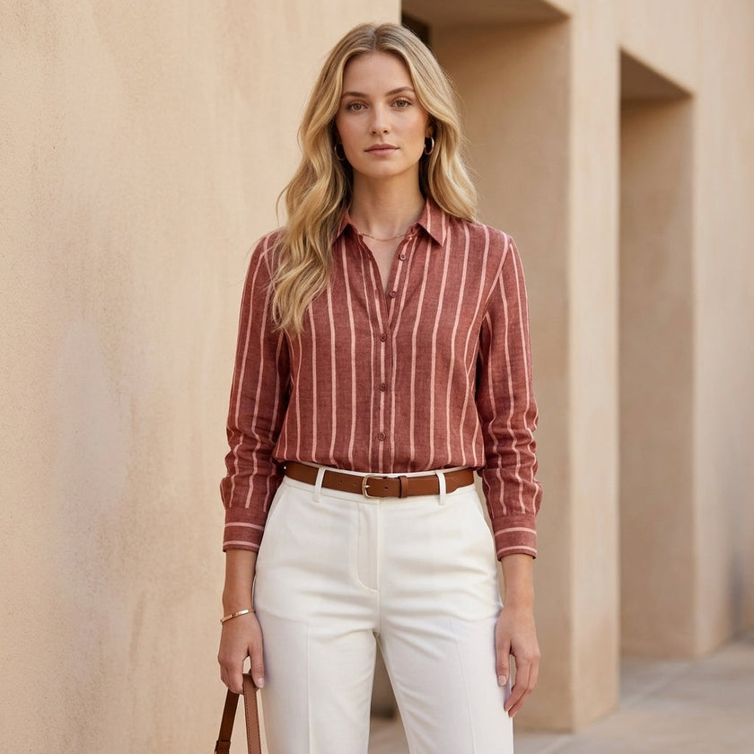 FJØRNA women's summer blouse with long sleeves, striped design, and button front, worn by a model showcasing casual style.