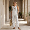 FJØRNA minimalist sleeveless V-neck vest and flowing wide-leg pants 2-piece set on model, casual and stylish outfit.