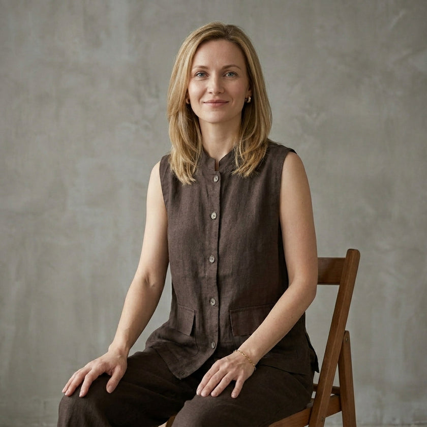 Model wearing FJØRNA summer sleeveless denim blouse with button front, stylish women's top perfect for warm weather.