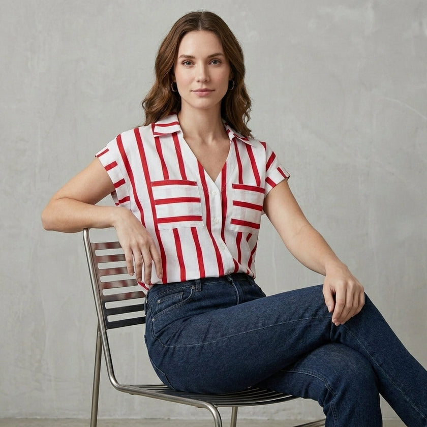 FJØRNA women's summer blouse with striped pattern and V-neck, styled on a model showcasing lightweight, casual top.