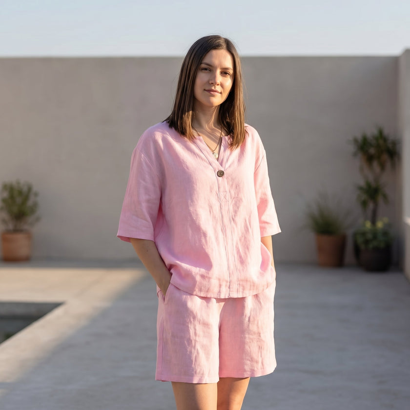 FJØRNA oversized woven two-piece set with V-neck shirt and high-waist shorts worn by a model.