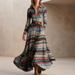 Multicolor A-line belted collared maxi shirt dress for women by FJØRNA, featuring a flowing silhouette and vibrant pattern.