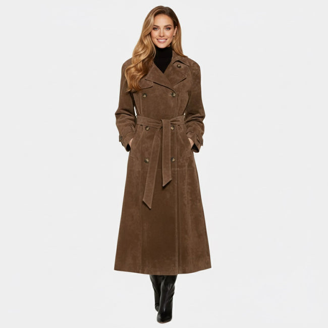 Belted Long Coat Suede Brown