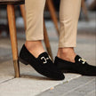 FJØRNA men's suede horsebit loafers with almond toe, beige color, detailed stitching, and classic slip-on design.