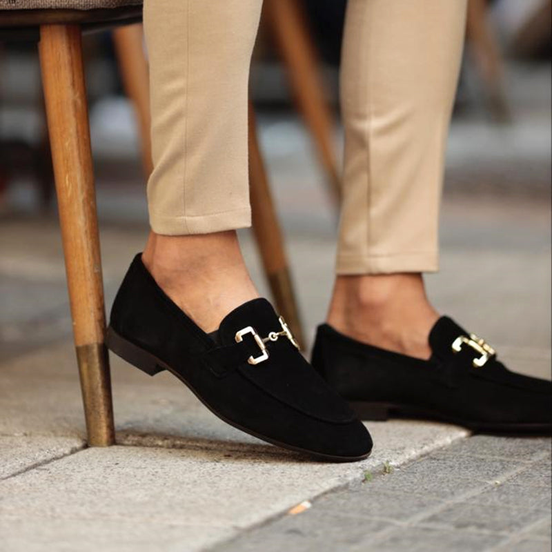 FJØRNA men's suede horsebit loafers with almond toe, beige color, detailed stitching, and classic slip-on design.