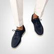 Men's modern slip-on dress shoes by FJØRNA in dark blue with a sleek silhouette, suitable for formal occasions.