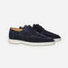 Men's modern slip-on dress shoes by FJØRNA in dark blue with a sleek silhouette, suitable for formal occasions.