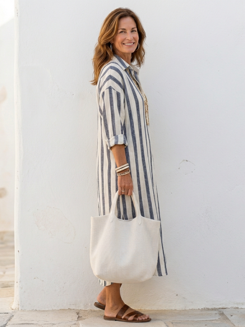 FJØRNA summer striped midi dress for women with long sleeves, casual style, featuring a relaxed fit and knee-length design.