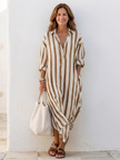 FJØRNA women's summer midi dress with long sleeves and striped pattern, stylish and lightweight for warm weather.