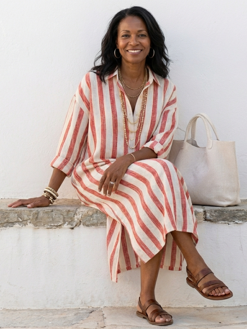 FJØRNA women's striped long sleeve midi dress with a relaxed fit, perfect for summer casual wear.
