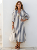 FJØRNA women's summer striped midi dress with long sleeves, casual style, featuring a relaxed fit and classic stripe pattern.