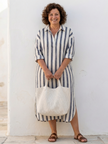 FJØRNA women's striped long sleeve midi dress with a casual fit, featuring a classic shirt dress style and button-front design.
