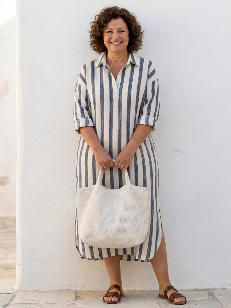 FJØRNA summer midi dress for women with long sleeves and striped pattern, casual and comfortable for warm weather.