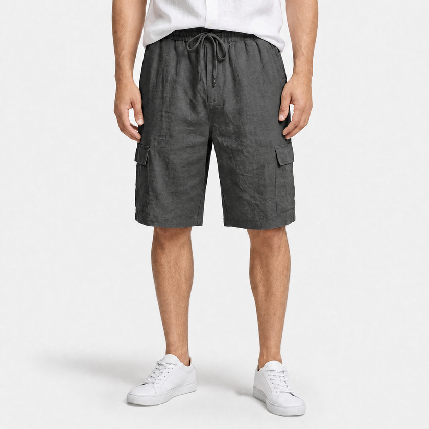 Men's linen cargo shorts by FJØRNA with drawstring waist in natural charcoal, lightweight and casual for warm weather.
