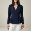 Navy blue women's summer blouse by FJØRNA featuring a V-neck, long sleeves, and a denim wrap design.