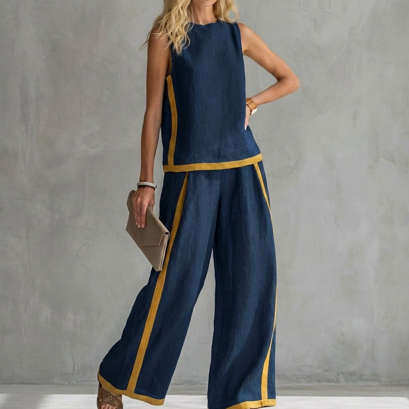 Navy blue summer two-piece women's co-ord set with a slit skirt and matching top from FJØRNA.